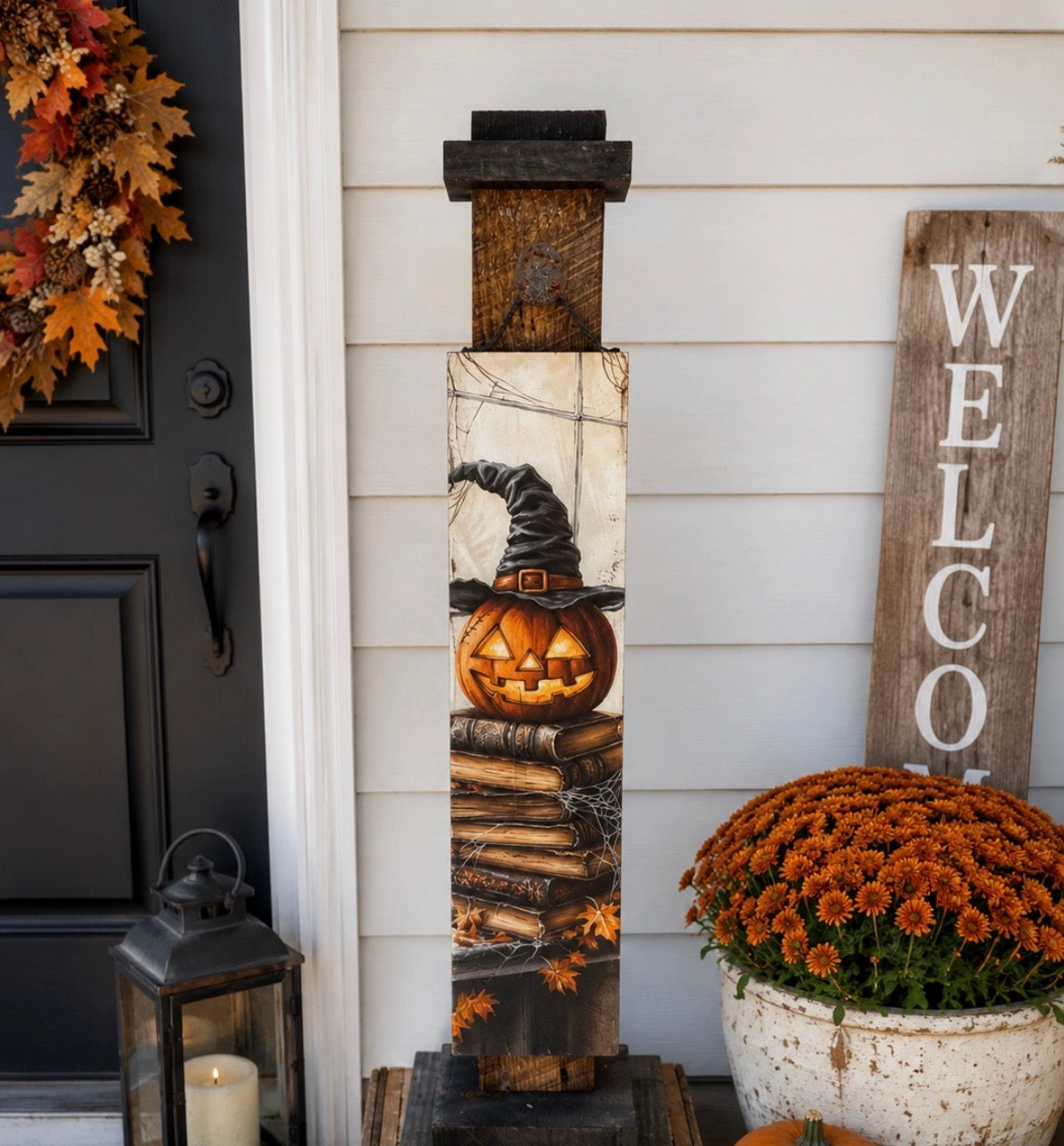 Jack O Lantern & Books Hanging Porch Sign Art Rustic Halloween Decor