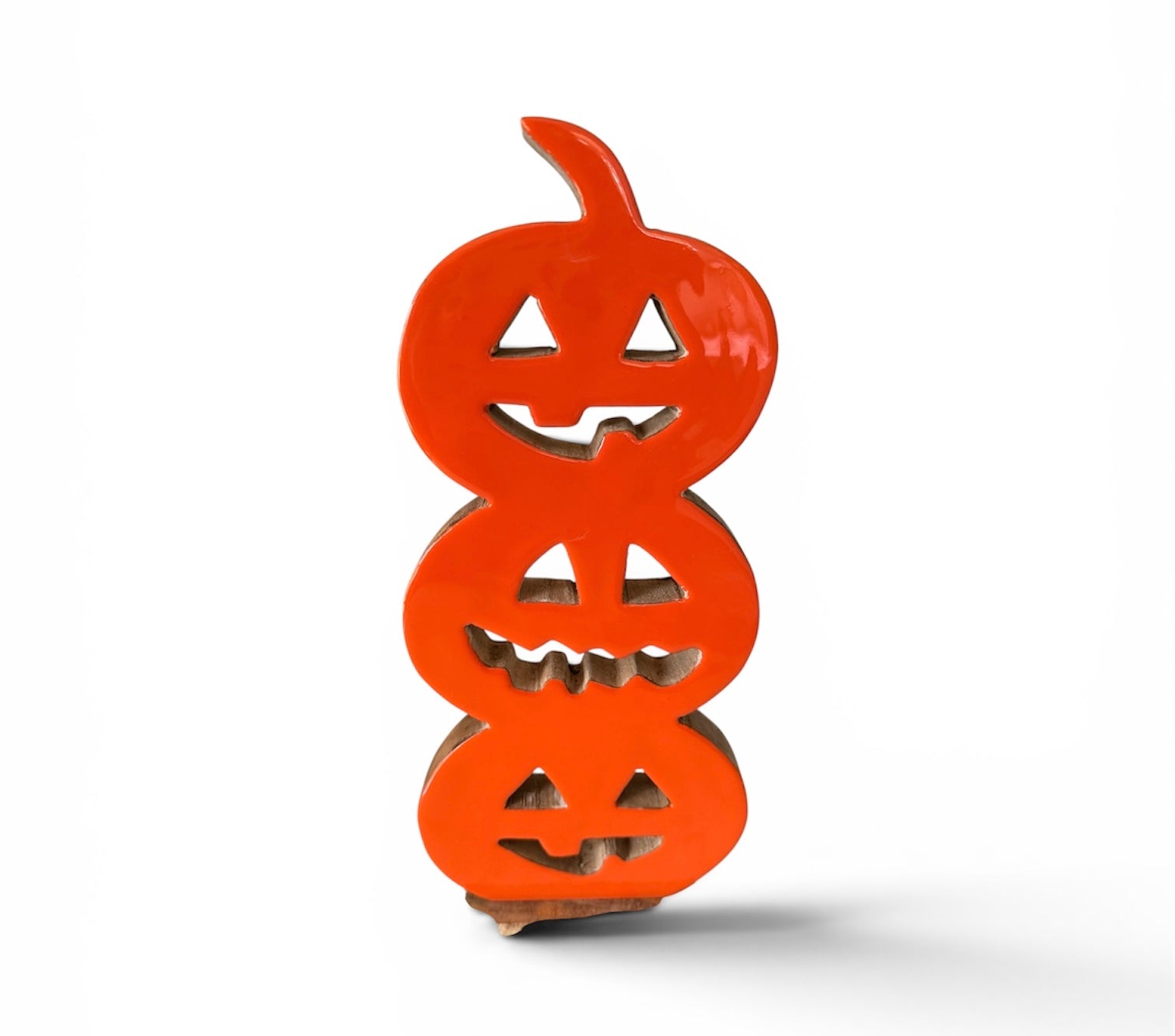 14" Mango Wood Orange Glazed Stacked Jack-O'-Lantern Pumpkins – Halloween Decor