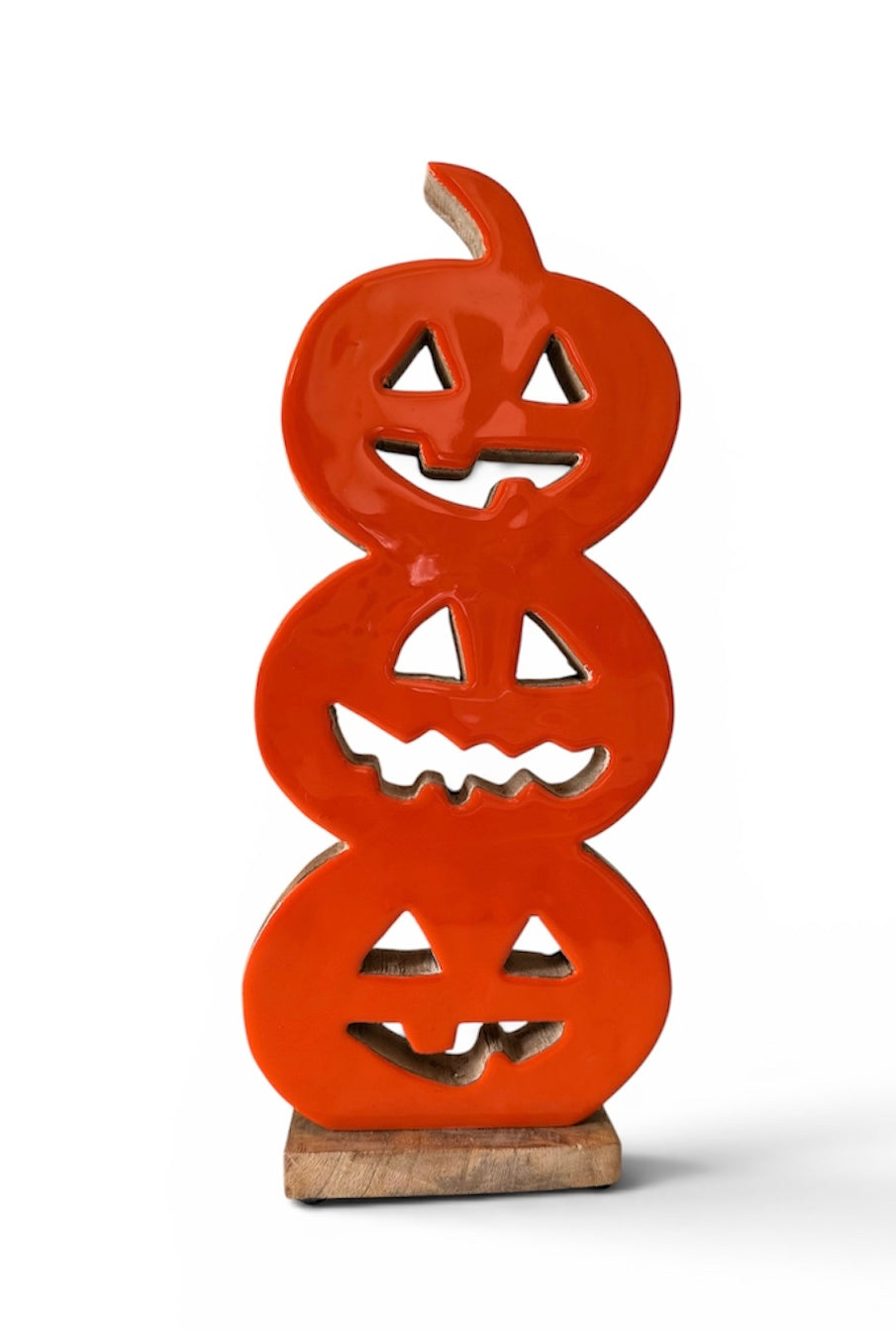 14" Mango Wood Orange Glazed Stacked Jack-O'-Lantern Pumpkins – Halloween Decor