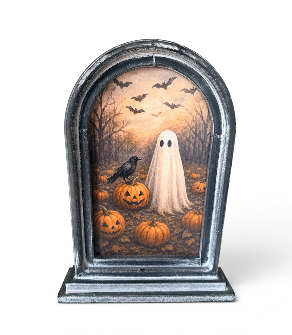 12.5" Arch Framed Ghost & Pumpkin Halloween Art – Seasonal Decor