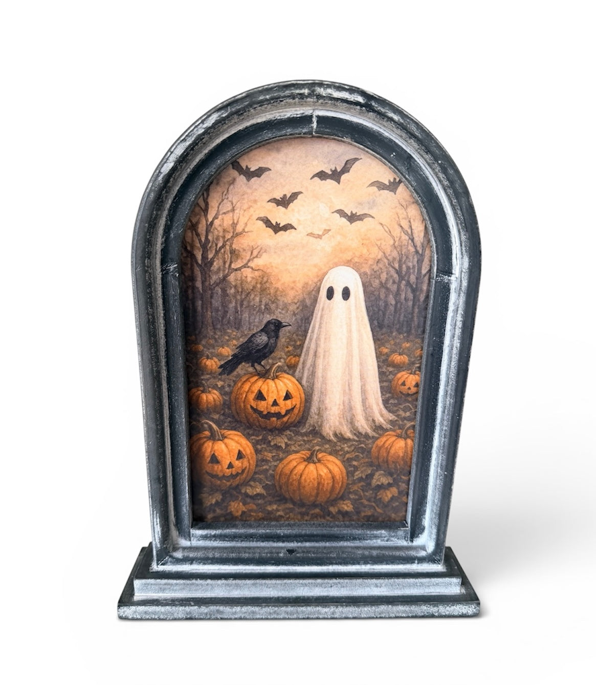12.5" Arch Framed Ghost & Pumpkin Halloween Art – Seasonal Decor