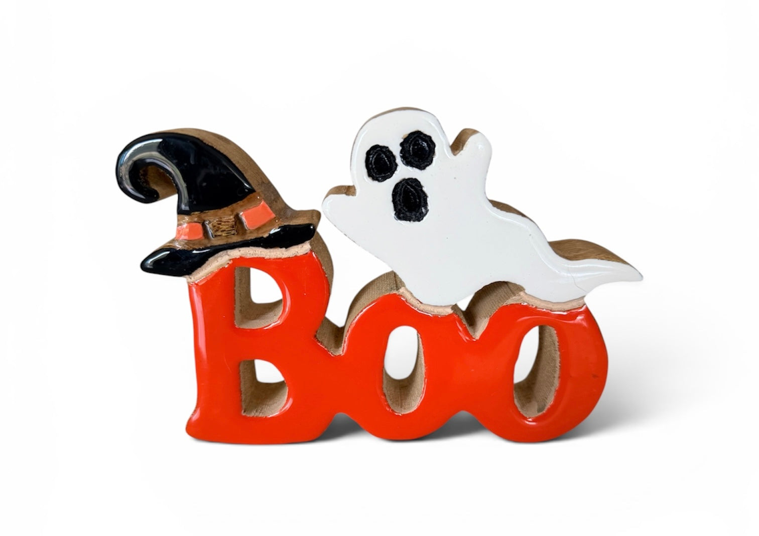6" Glazed Mango Wood “Boo” Ghost Sign – Halloween Decor
