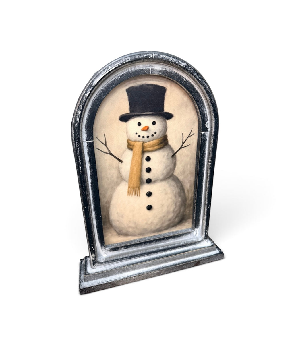 12.5" Arch Framed Snowman Christmas Winter Art – Seasonal Decor Vintage Style