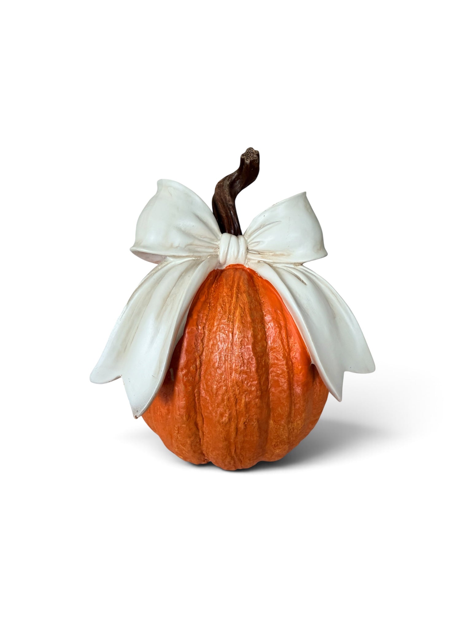 Orange Pumpkin with White Bow 8” Farmhouse Fall Decor Textured Pumpkin Centerpiece Rustic Twig Stem Autumn Decoration