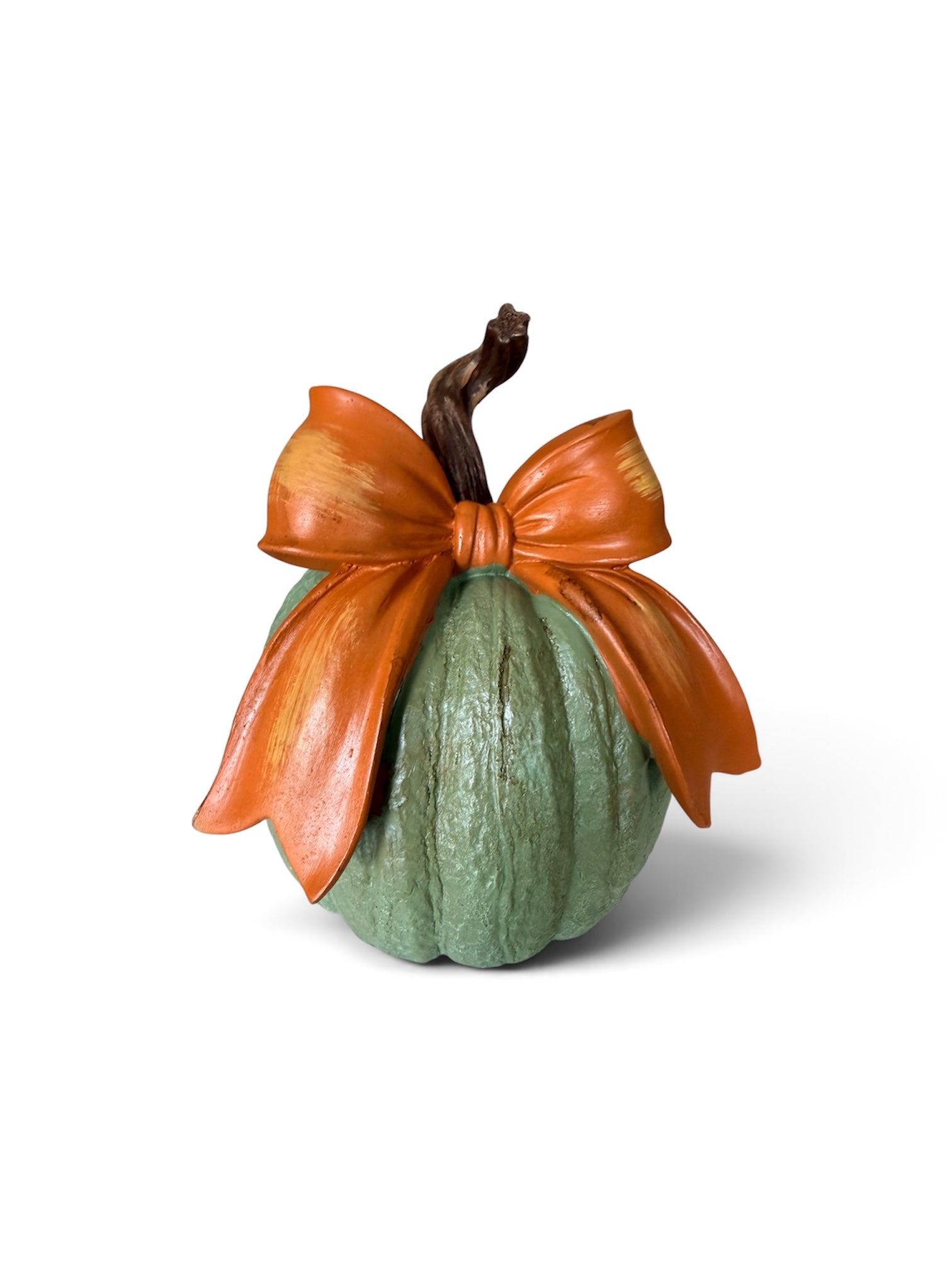 Green Pumpkin with Orange Bow 8” Farmhouse Fall Decor Textured Pumpkin Centerpiece Rustic Twig Stem Autumn Decoration