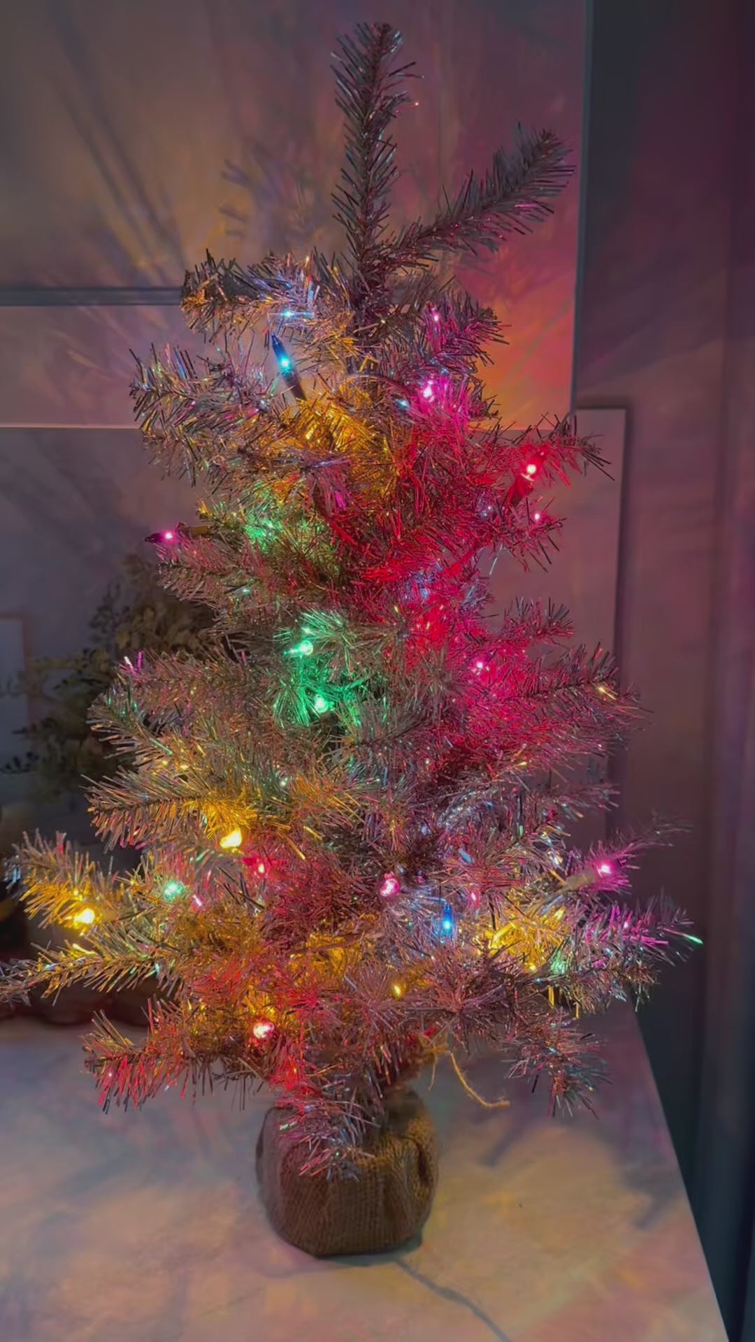24” Vintage Style Tinsel Christmas Tree Pre-Lit Multicolor Holiday Decor